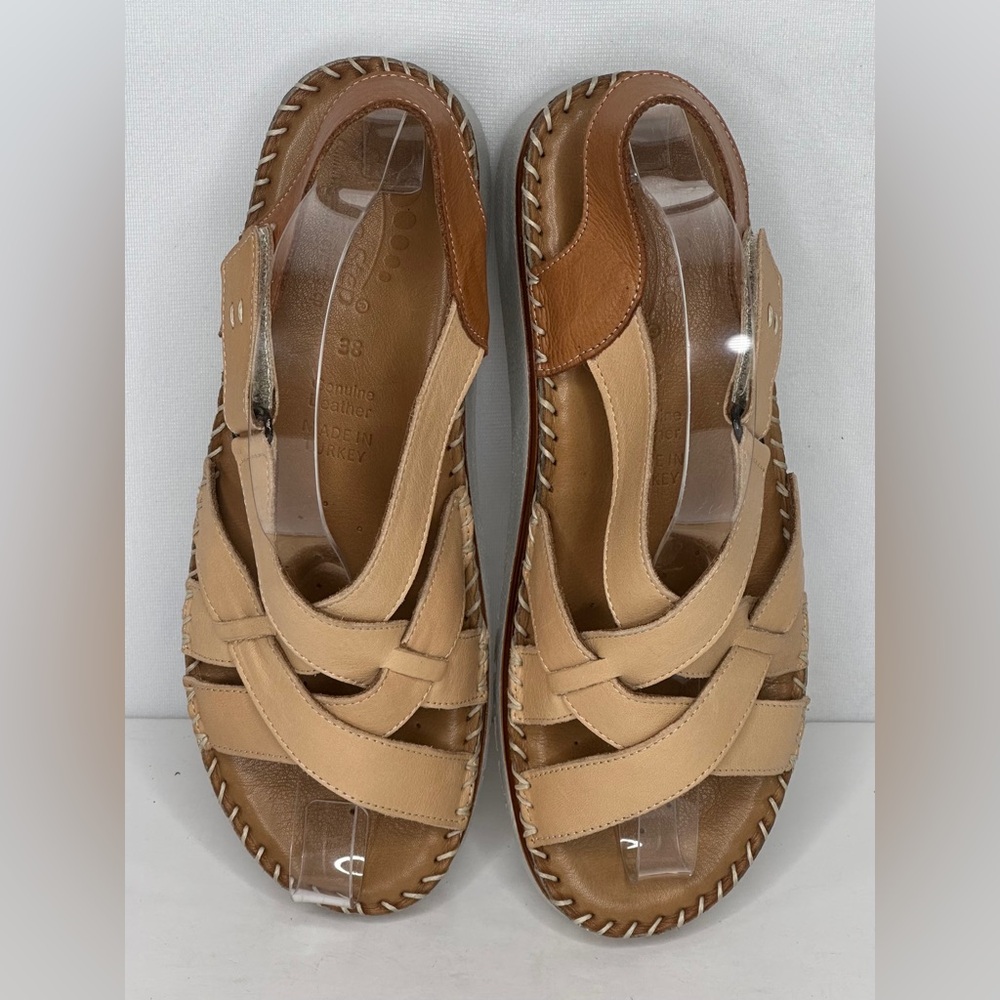 Spring Step Tan and Camel Leather Sandal Wedge - Picture 4 of 12